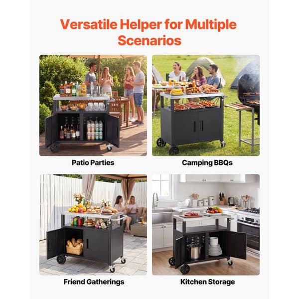 Udendørs Vogn 92,4 cm-Duoku-med Rustfrit Stål Bordplade og Skab, til Grill, Have og Terrasse, Udstyret med Hjul