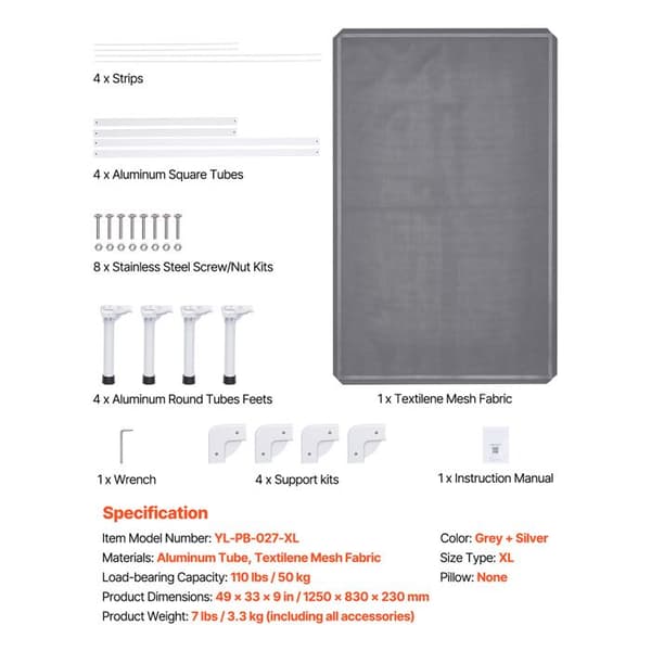 Höjd säng - DUOKU - YL-PB-027-XL - Robust aluminiumram - Andningsbar textilén - Kapacitet 50 kg Grå + Silver