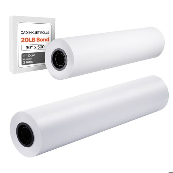 Hvid Tegnepapir Rulle-Duoku-Stor Format 762 mm x 152,4 m-Pack med 2 Ruller til CAD Plotter, Kerne på 76,2 mm