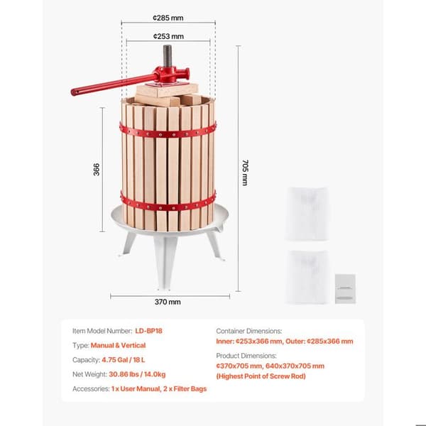 Manuell fruktpress - DUOKU - LD-BP18 - Hållbar träkorg - 18 L - 8 block för cider