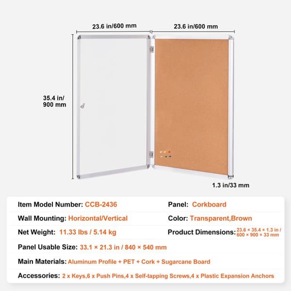 Korktavla - DUOKU - CCB-2436 - Aluminiumram - Låsbart akrylglas (2 nycklar) - 840×540 mm
