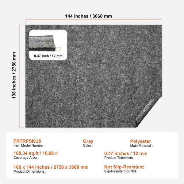 Underlägg - DUOKU - 9' x 12' - 0,47'' tjock - Andningsbar polyester - Grå