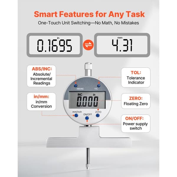 Digital Mikrometer-Duoku-Djup 0-558,8 mm-Upplösning 0,01 mm-med 4 Klammer