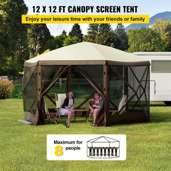 Tält av Gazebo-Duoku-12 x 12 ft-Fällbart Markisöverdrag med 6 Sidor-med Nätfönster-Portabel Transportväska