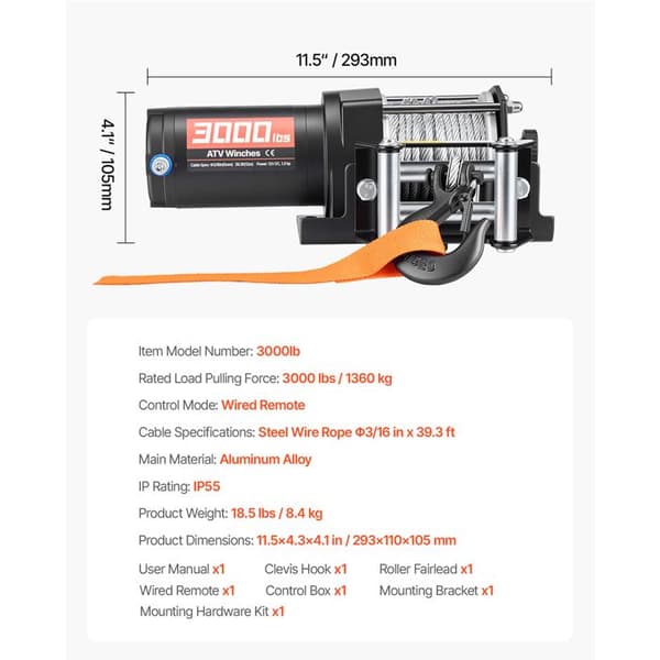 Elvins - DUOKU - 3000lb - 1360 kg - Ståltråd 5 mm x 12 m - 12 V DC