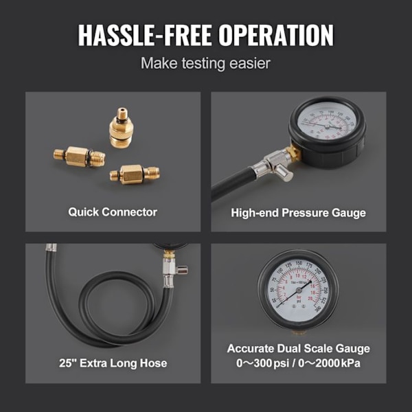 Testadapter Kit - Duoku - 9 dele - Test af Cylindertæthed i Bilmotor - Manometer med Dobbelt Skala