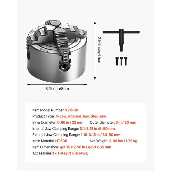 Mandrin för 4 käftar - DUOKU - K72-80 - Automatisk centrering - Ø80 mm - Klämområde 5–80 mm