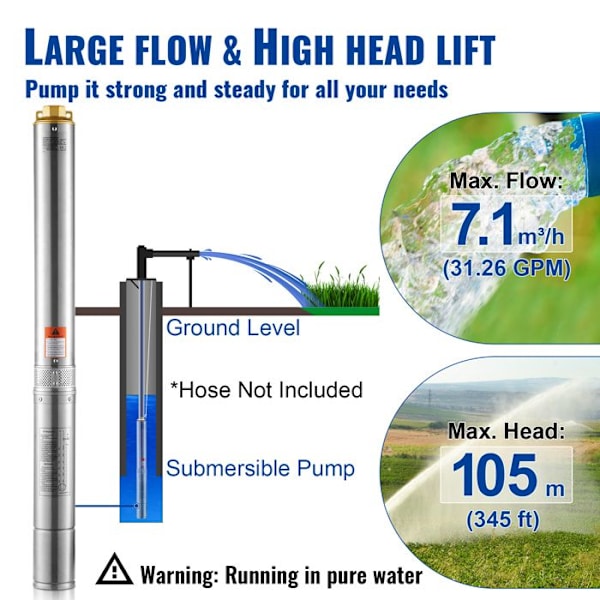 Sänkbart Pumpar - DUOKU - 4SDM4/14 - 1100 W - Flöde 7,1 m³/h - Höjd 105 m