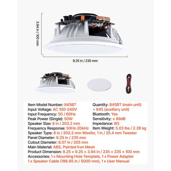 Indbygget Bluetooth Loftshøjttaler 203,2 mm - Duoku - 2-vejs Flush Mount Par, Maksimal Effekt 50 W