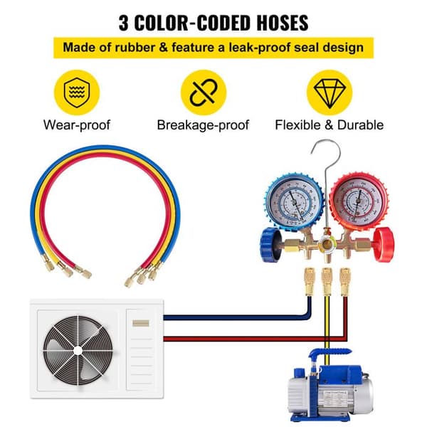 Vakuumpumpe - DUOKU - 4CFM - 1/4 HP - Luftstrøm 113 L/min - Manometer Kit R134a