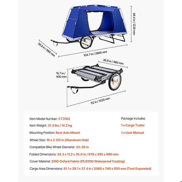 Cykelcampingvagn Duoku med hopfällbart tält, maximal kapacitet 136 kg, hjul 406 mm, PU2000-beläggning