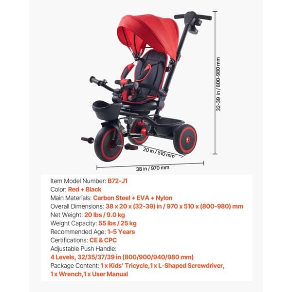 Udviklingscykel - DUOKU - B72-J1 - 6 i 1 model - Justerbart styr i 4 niveauer - Justerbart og roterbart sæde Röd + svart