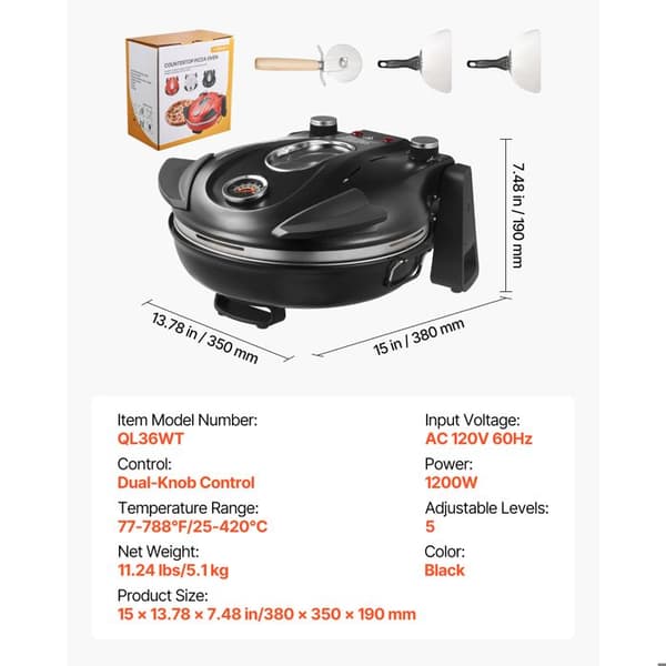 Pizzaovn - DUOKU - Model QL36WT - 1200 W - 5 Temperaturindstillinger - Cordieritesten Svart