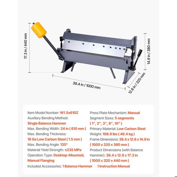 Plåtbock - DUOKU - W1.5x610Z - 610 mm - Mjuk stål 1,5 mm (kal.16) - Vinkel 0-135° (5 segment)