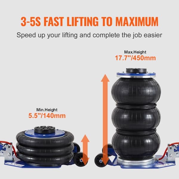 Cric Pneumatisk Triple Pose-Duoku-3 Tonner- med Seks Stålrør- Hæver 450 mm- 3 til 5 sekunder