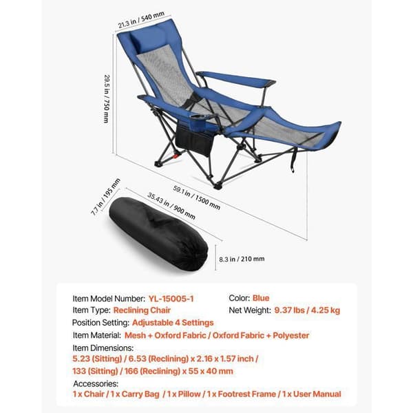 Fällbar Campingstol - DUOKU - YL-15005-1 - 4 Justerbara Positioner - Belastning 100 kg - Blå Blå