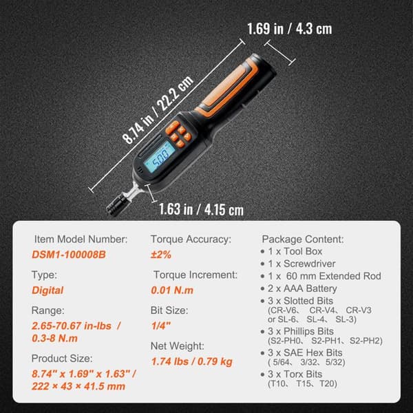 Digitale Momentnøgle-Duoku-1/4" Socket Nøgle med LCD Skærm-Momentområde fra 2,65 til 70,67 po-lb