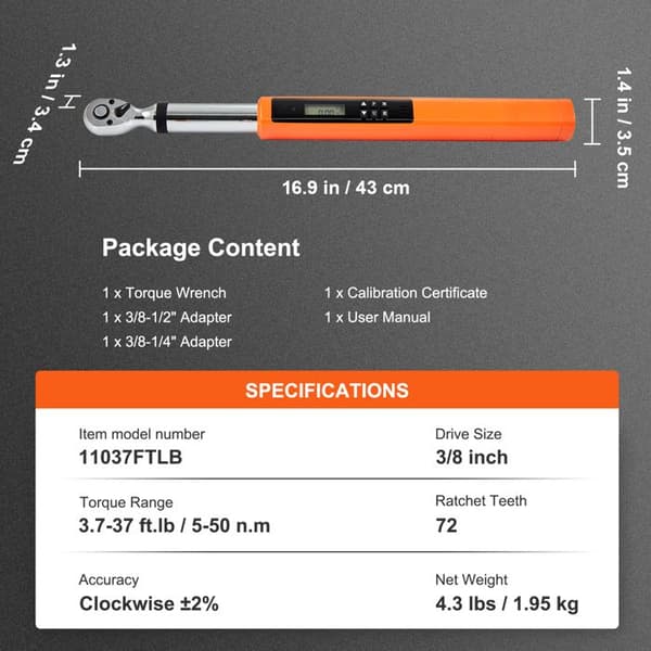 Dynamometer Nøgle - DUOKU - 3/8 - Område 3,7-37 ft-lb - Præcision ±2% - Kalibrering med LED og Buzzer