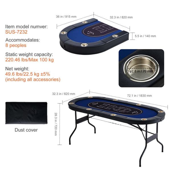 Foldable Poker Table-Duoku-8 Spillere 72 Tommer-til Blackjack og Texas Holdem med Polstrede Rails