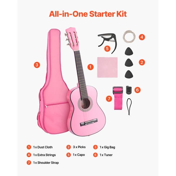 Klassisk gitarr - DUOKU - M5126 - 78 cm (30") - Lind - Komplett nybörjarkit (rosa) Ros