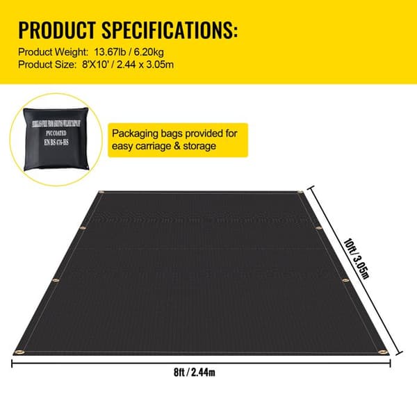 Brandsikkerhedstæpper - 8' x 10' - Brandhæmmende 1022°F - Nødbrandsikkerhedstæppe i sort glasfiber