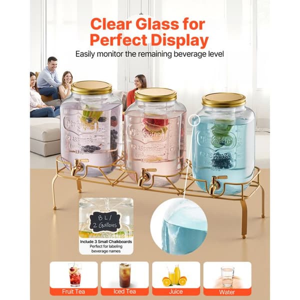 Drikkevaredispenser - DUOKU - 8 L - 3 stk - Glas karaffel - Metal stativ Transparent
