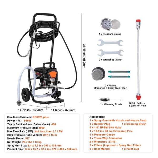 Luftlös färgspruta - DUOKU - RP8628 plus - 950 W - 3000 PSI - Flöde ≥2,0 L/min