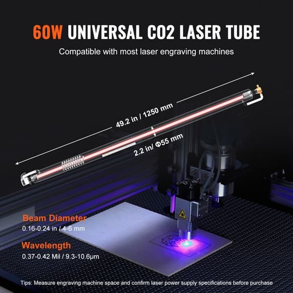 Rörlaser CO2 - DUOKU - C70 - 60 W - Längd 1250 mm - Borosilikat - Laserskrivare