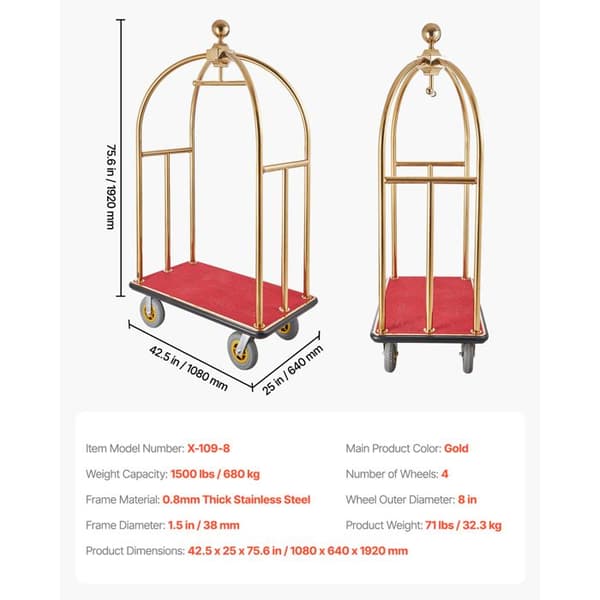 Bagagevagn - DUOKU - Modell X-109 - Kapacitet 680 kg - Rostfritt Stål - Röd Matta Guld