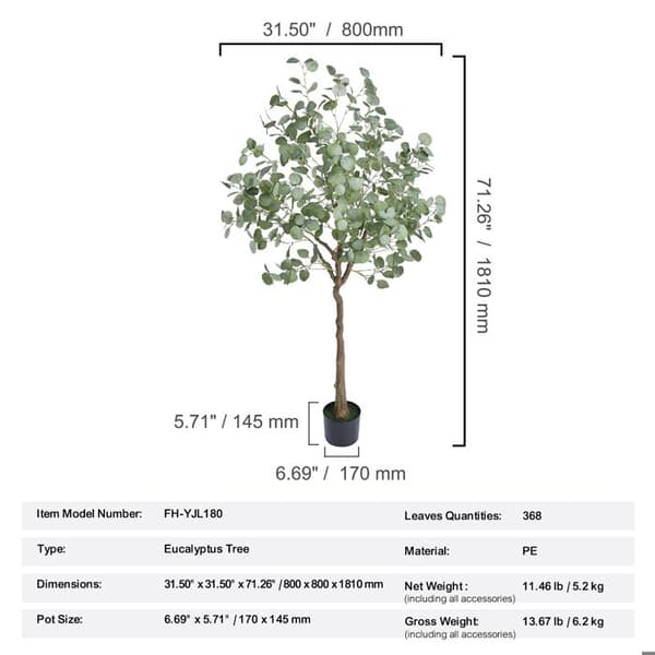 Konstväxt - DUOKU - Eucalyptus - 1,8 m - Anti-tipp - Lättskött Grön