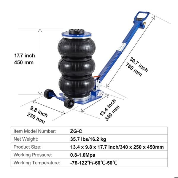 Cric Pneumatisk Triple Pose-Duoku-3 Tonner- med Seks Stålrør- Hæver 450 mm- 3 til 5 sekunder