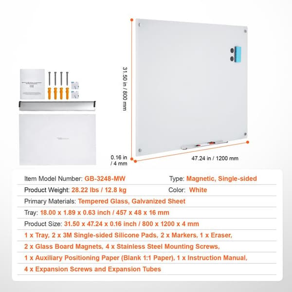 Magnetisk Whiteboard - DUOKU - 48"x32" - Tempereret Glas - Tør-ørbar - Inkluderer 2 Markører