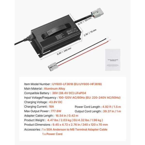 Batterioplader - DUOKU - UY600-HF3618 - 36 V LiFePO4 - 43,8 V DC - 18 A