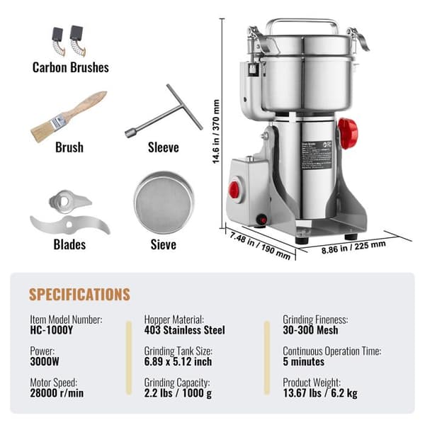 Elektrisk Kværn - DUOKU - HC-1000Y - 3000W - 1000g - Rustfrit Stål