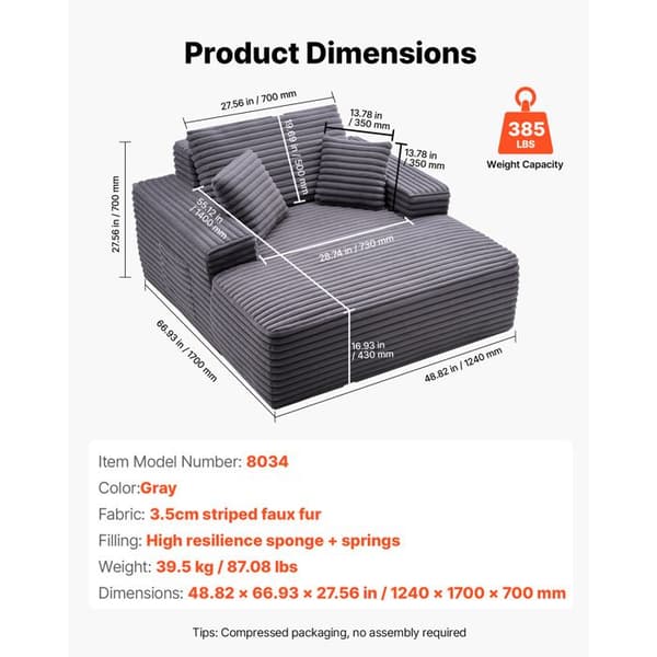 Chaiselong - DUOKU - Modell 8034 - Ergonomisk - Mjuk fuskpäls - Grå Grå