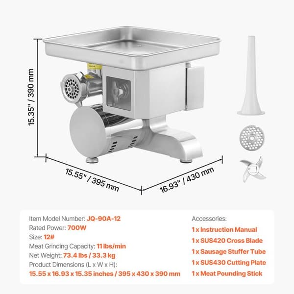 Elektrisk Kødklipper - DUOKU - Model JQ-90A - 11 lbs/min - 700W - Rustfrit Stål