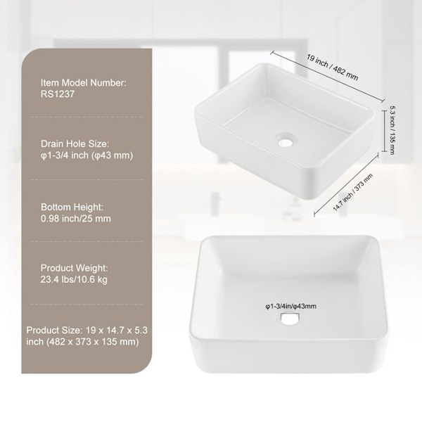 Vask - DUOKU - Rektangulær - Hvid Keramik - 19" x 14,7" - Moderne Stils Vit