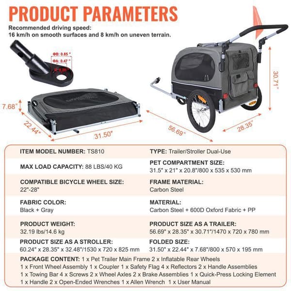 Hundetrailer - DUOKU - TS810 - Kapacitet 40 kg - 2-i-1 Barnevogn - Foldbart Rammem svart + grå