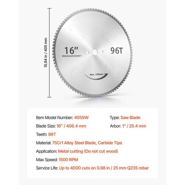 Sågblad - DUOKU - 405SW - Ø 406,4 mm (16") - 96 tänder - Cermetplattor, hål 25,4 mm