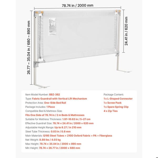 Sängskyddsbarriär för Barn-Duoku-Längd 2 m-med Solid Järnstruktur-Oxfordtyg-Höjd Justerbar 68-89 cm