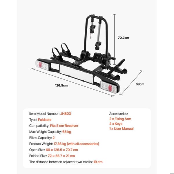 Cykelholder - DUOKU - JH803 - Foldbar og Låselig - 2 Cykler - 5 cm Modtager