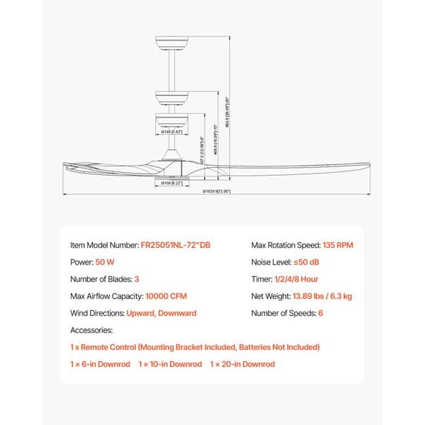 Loftventilator - DUOKU - 72 Tommer - 3 Træblade - Fjernbetjening 6 Hastigheder - Vendbar DC Motor