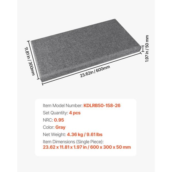 Selvklæbende Akustisk Vægpanel-Duoku-Sæt med 4-Fiberglass Lydisolerende Paneler 60x30x5 cm-Grå