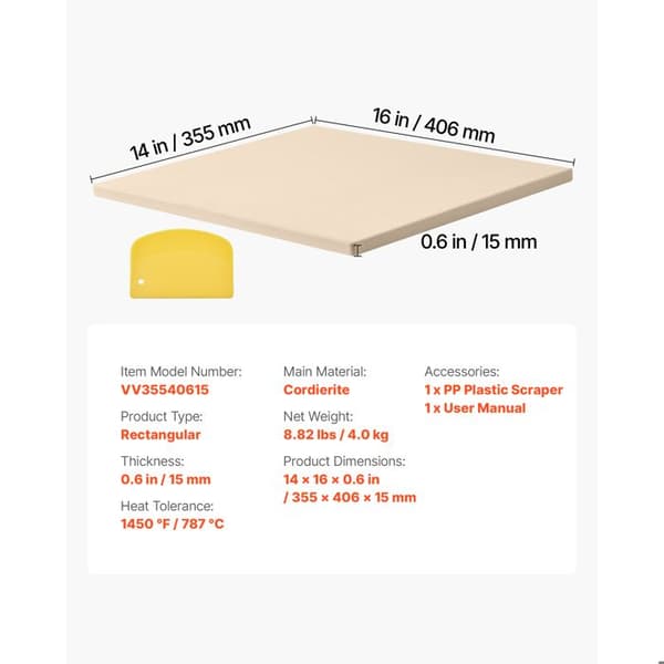 Rektangulær Pizzasten i Cordierit-Duoku-40,6 x 35,5 cm-med PP-Skraber-Tykkelse på 1,5 cm-Optimal til Ovn