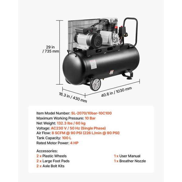 Luftkompressor 100 L-Duoku-med Tank-Motor 3 kW-Idéal til Bilreparation-Arbejder-Dækopblæsning