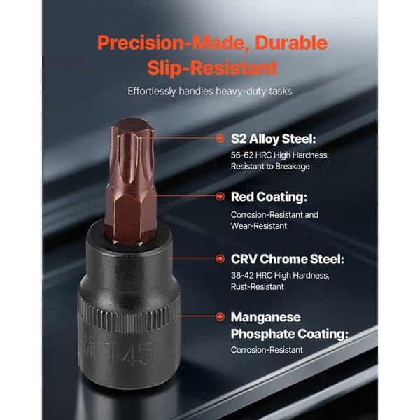 Torx-Duoku Hylsor 31 Delar T8-T70 och E4-E24, S2 Legering och Cr-V Stål, Drivningar 1/4", 3/8", 1/2"