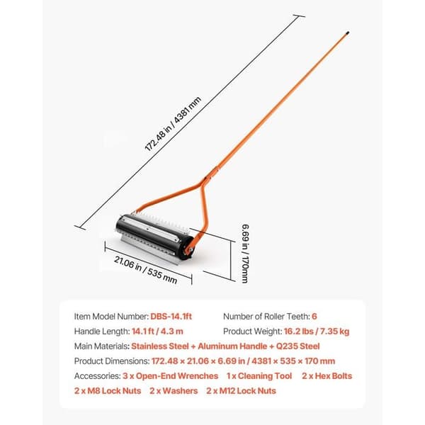 Vattenogräsrulle - DUOKU - DBS-14.1ft - Handtag 4,3 m - Rostfritt stål - 6 tänder