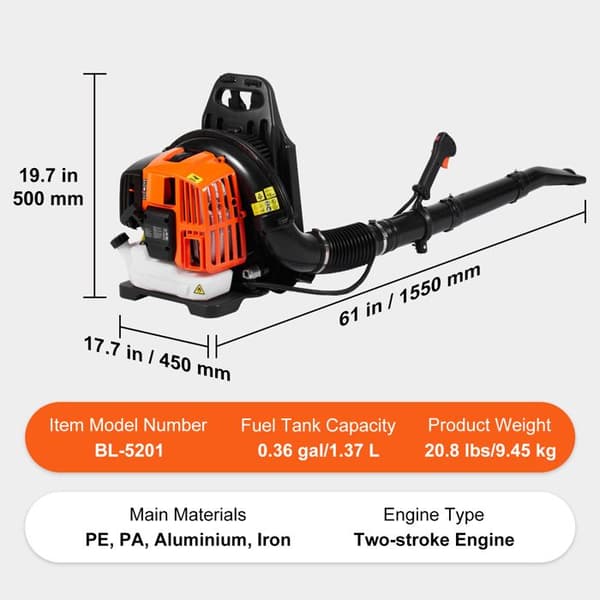 Rygblæser - DUOKU - BL-5201 - 2 Takts 52CC - 480 CFM - Hastighed 175 MPH