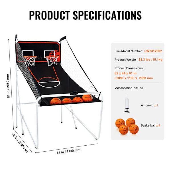 Basketball Arcade Game - DUOKU - Foldable - 2 Spillere - 4 Bolde - 8 Tilstande