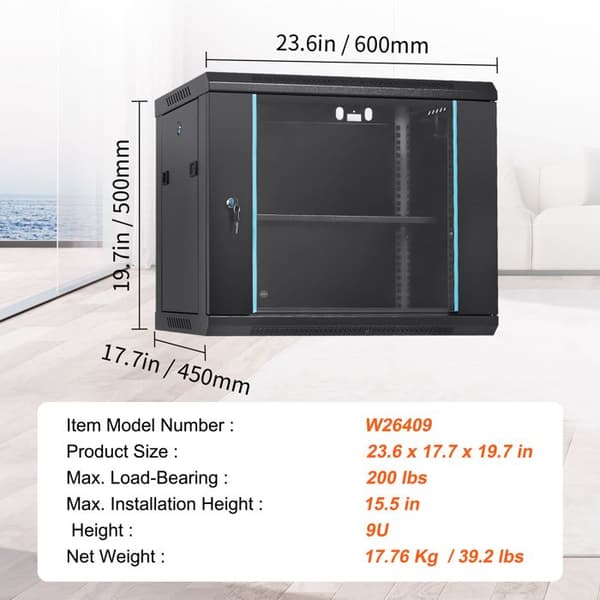 Väggmonterad Nätverksserverställ 9U-Duoku-Racklåda 15,5 Tum Djup-Maximal Belastning 200 Pund